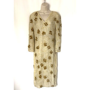 Vintage Dress Medium Silk Beaded Gold Floral Midi Vneck Lined Bodycon 60s 70s